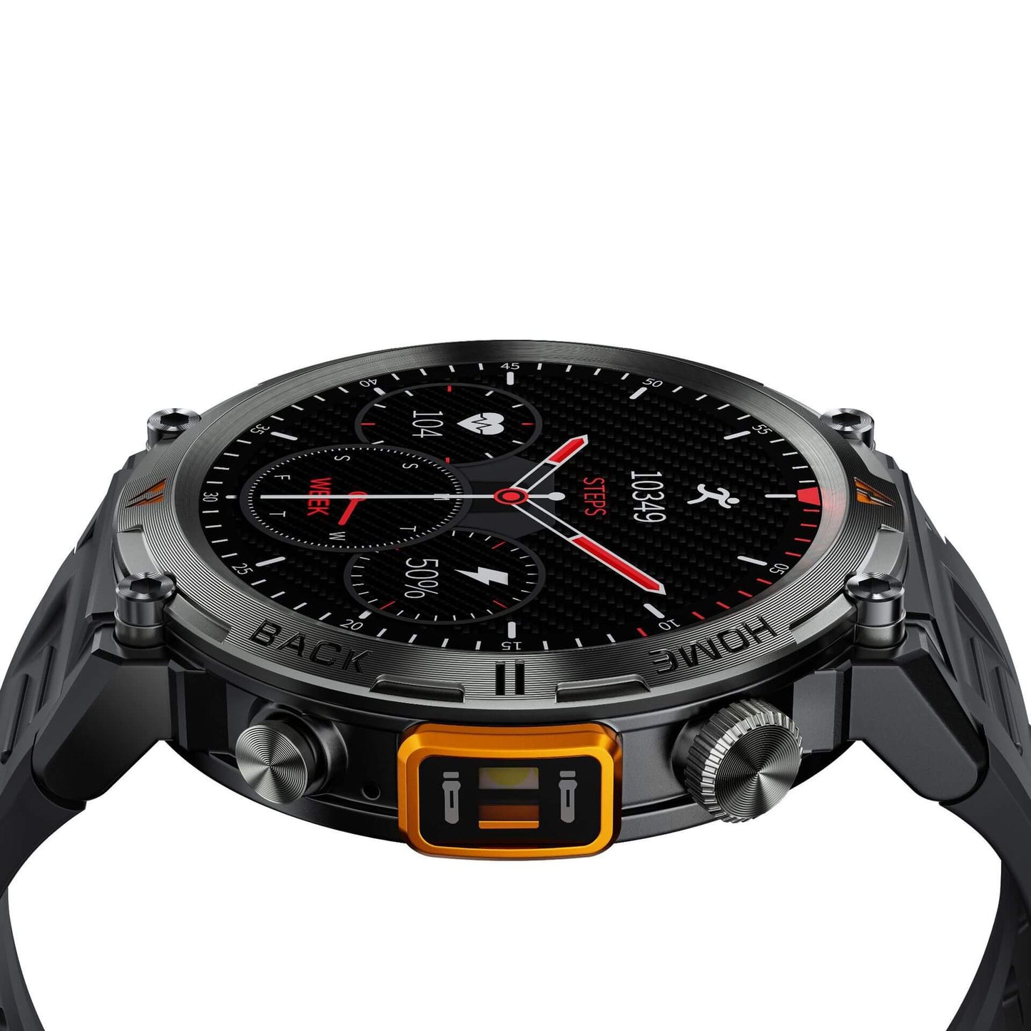 Bluetooth Smart Watch highlighting heart rate monitoring features and sleek design from a side view.