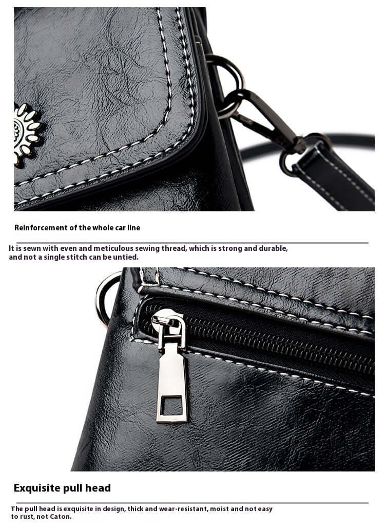 Detailed view of the hardware of the Fashion Simple Large Capacity Mobile Phone Bag Mini Crossbody Bag in black, illustrating the quality stitching and materials. A refined choice for a fashionable mini bag.