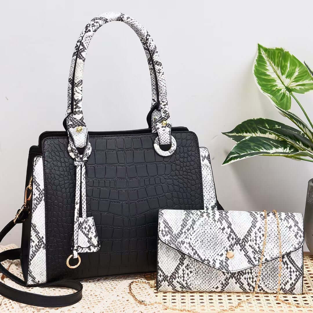 Stylish Serpentine Stitching Crossbody Bag - Fashionable Combination of Style and Function, displaying a black textured handbag paired with a striking snakeskin wallet, suitable for a fashionable daily bag.