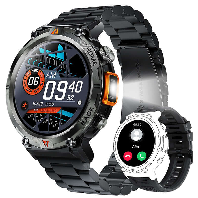 Bluetooth Smart Watch with advanced features, vivid screen, and dual display showing time and call notifications.