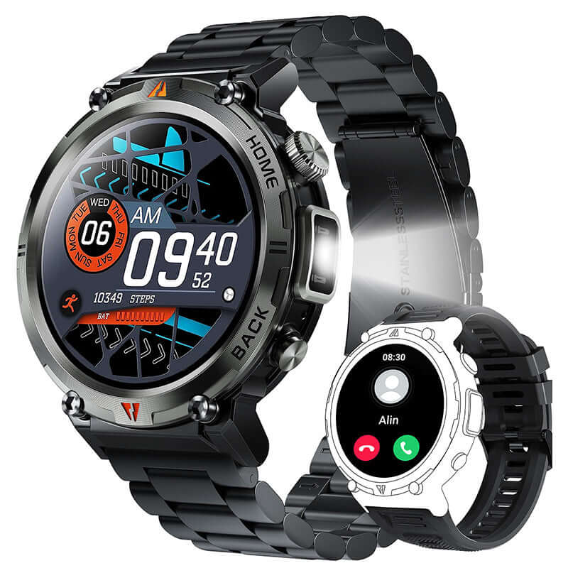 Bluetooth Smart Watch displaying time and notifications, featuring an innovative design with a stainless steel look.