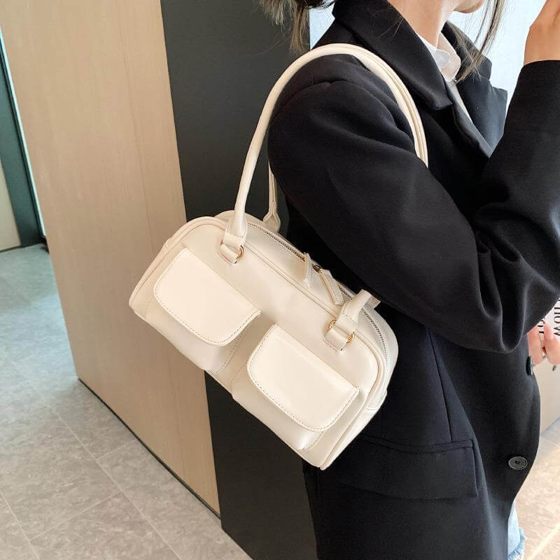 Chic Multi-pocket Design Shoulder Bag in elegant white, perfect for women who appreciate practical fashion, emphasizing a sleek multi-pocket handbag style.