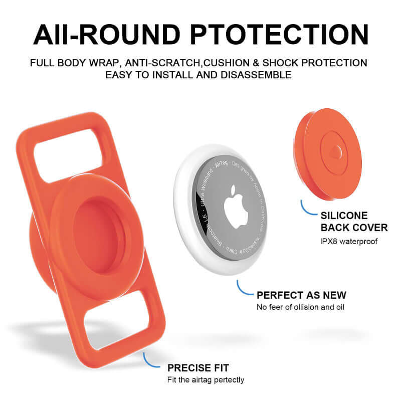 Orange airtag pet collar cover with silicone back, full body wrap, and shock protection for AirTag