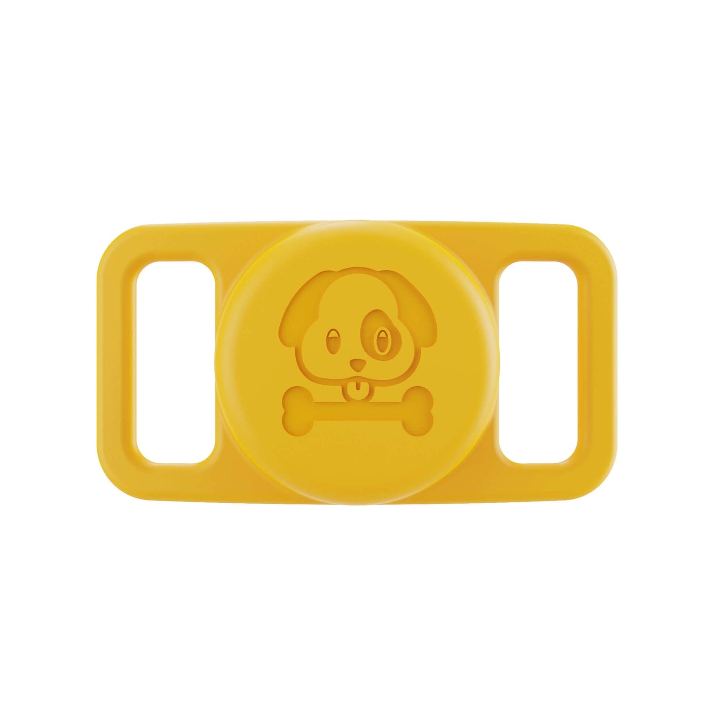 Yellow airtag pet collar cover with dog and bone design for secure pet identification