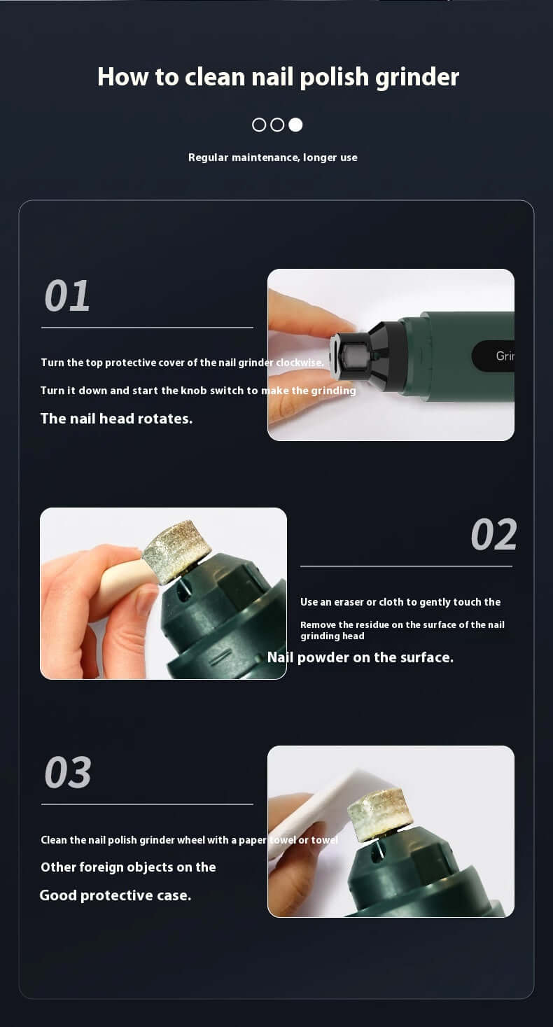 Step-by-step guide showing maintenance and cleaning of the best nail grinder for dogs and cats by Dropshipman