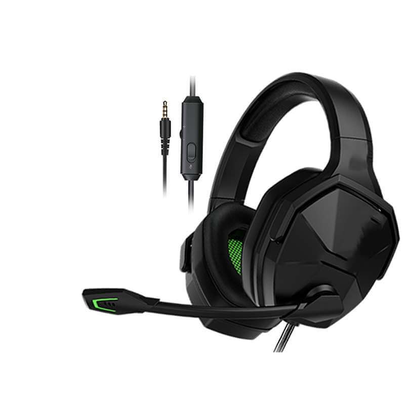 Black gaming earphones with microphone for PC featuring an adjustable headband and inline control