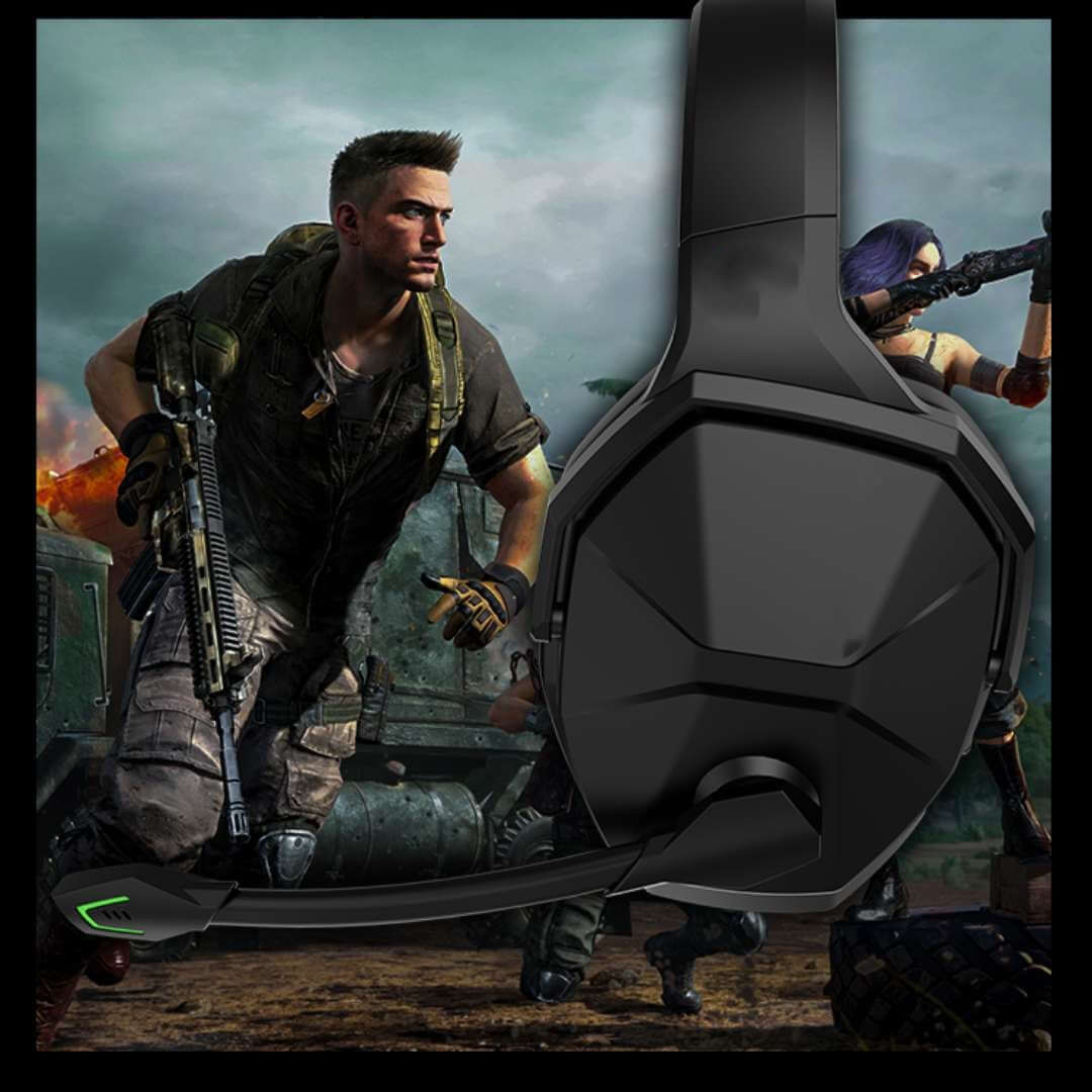 Black gaming earphones with microphone for PC with adjustable boom mic and sleek design
