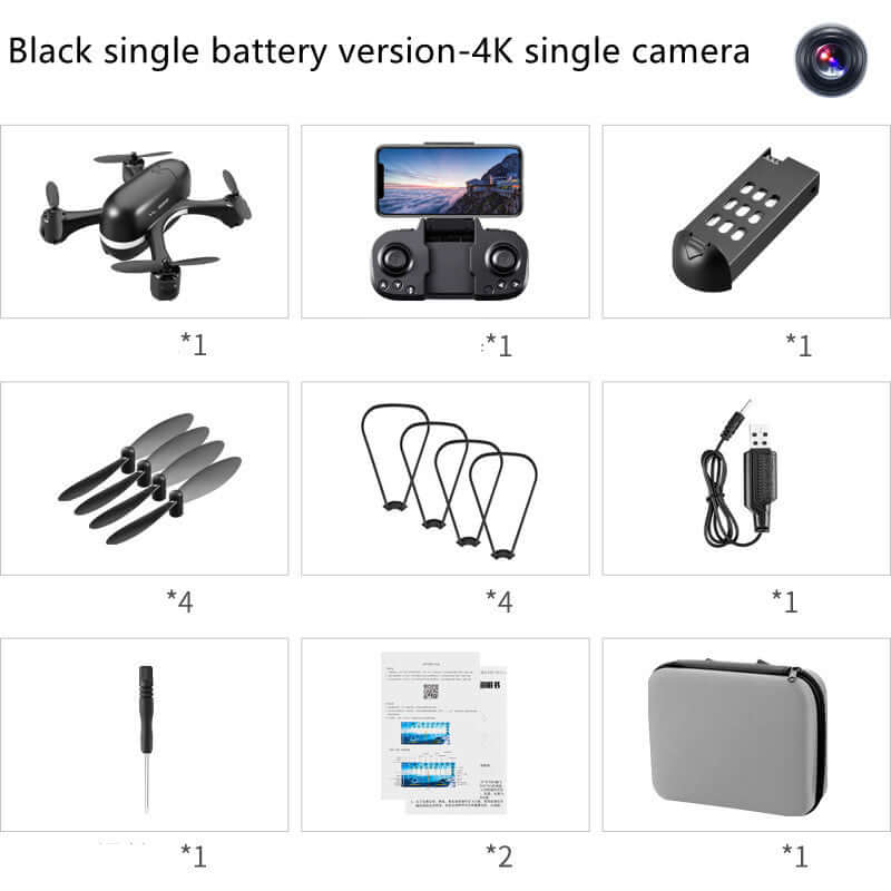 Mini 4K drone with camera black single battery version and included remote control and accessories set