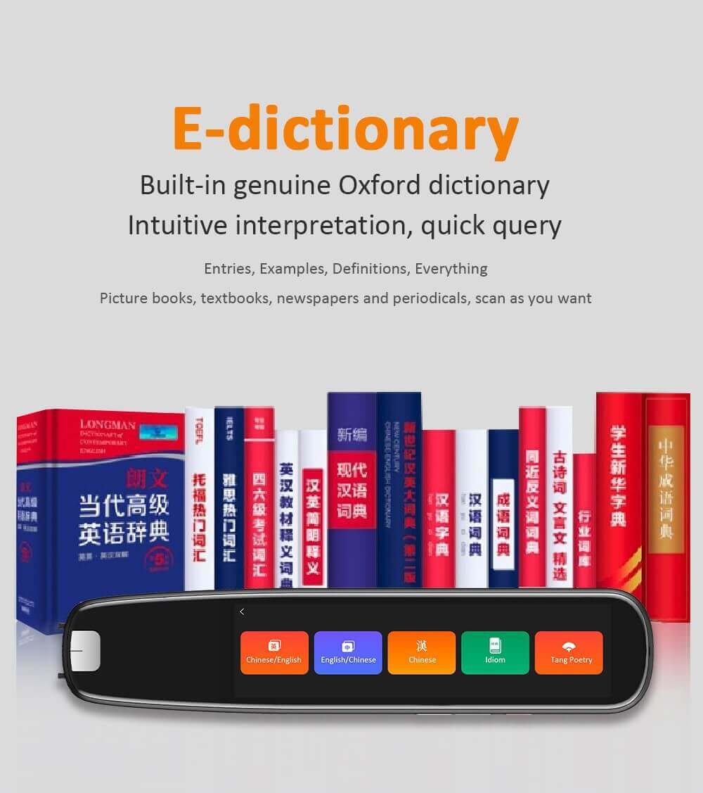 The Dropshipman Offline Dictionary Pen surrounded by books, indicating its function as a built-in e-dictionary with quick query features.