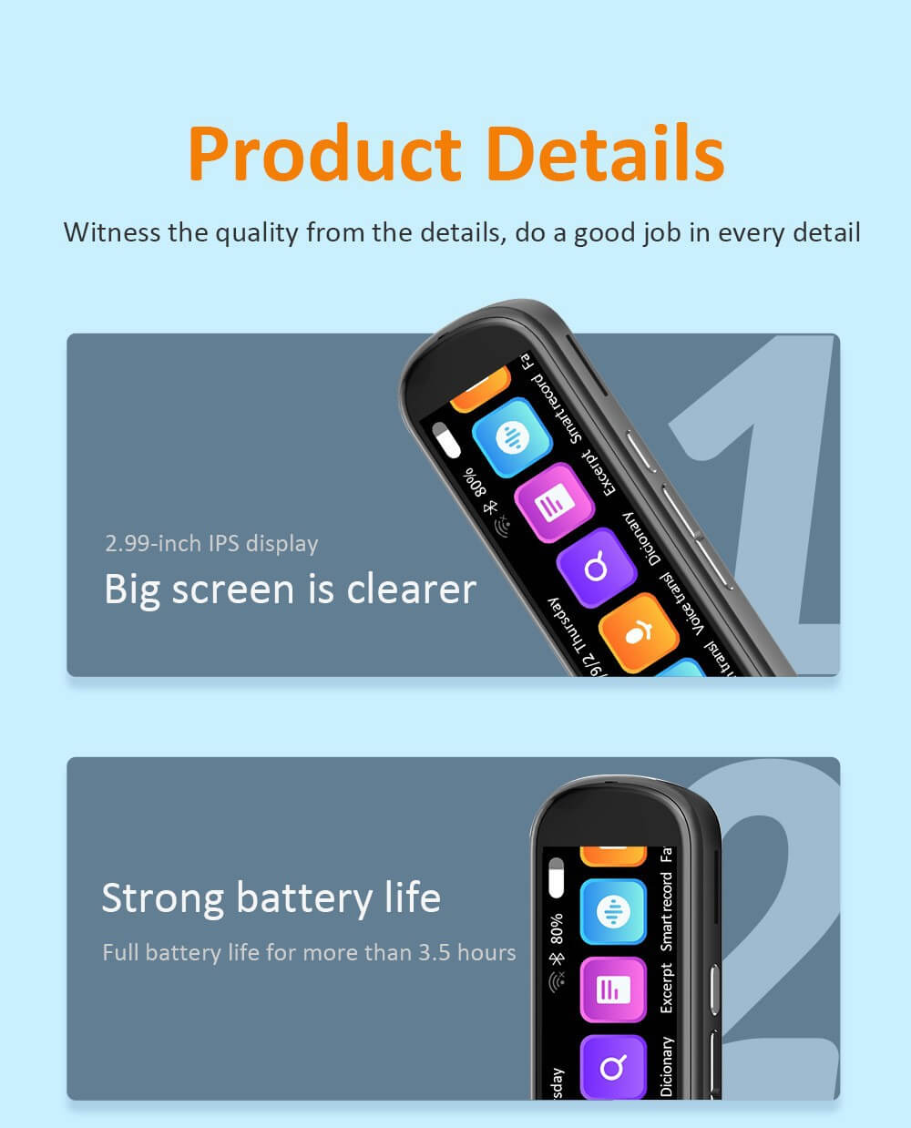 Highlighted features of the Dropshipman Offline Dictionary Pen, focusing on its clarity of display and long battery life.