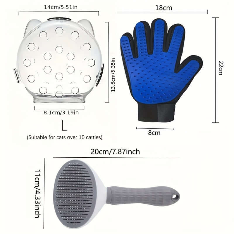 Breathable cat mask for cats over 10 catties shown with blue grooming glove and gray brush