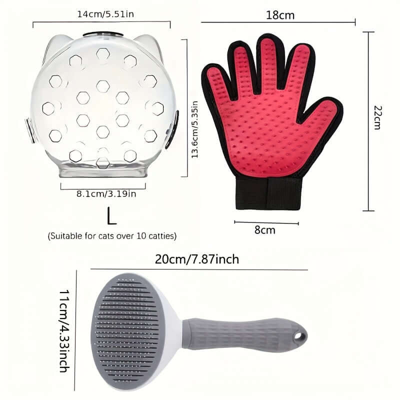Breathable cat mask with ventilation holes, plus grooming glove and brush for pet care