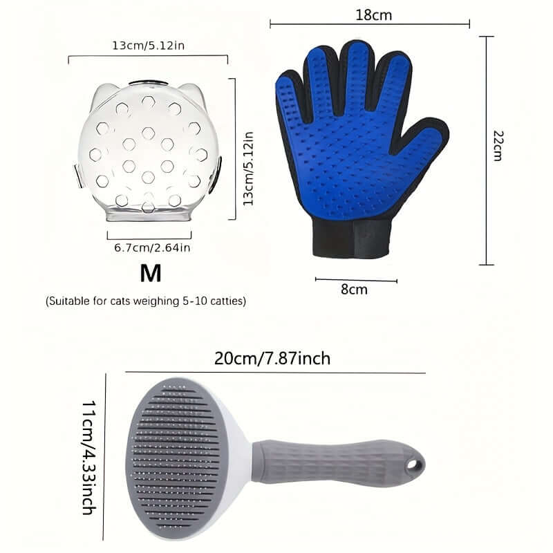 Blue grooming glove and brushes for cats with breathable cat mask packaging showing measurements
