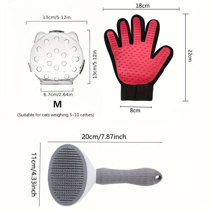 Breathable cat mask with ventilation holes and grooming gloves and brush for pet care