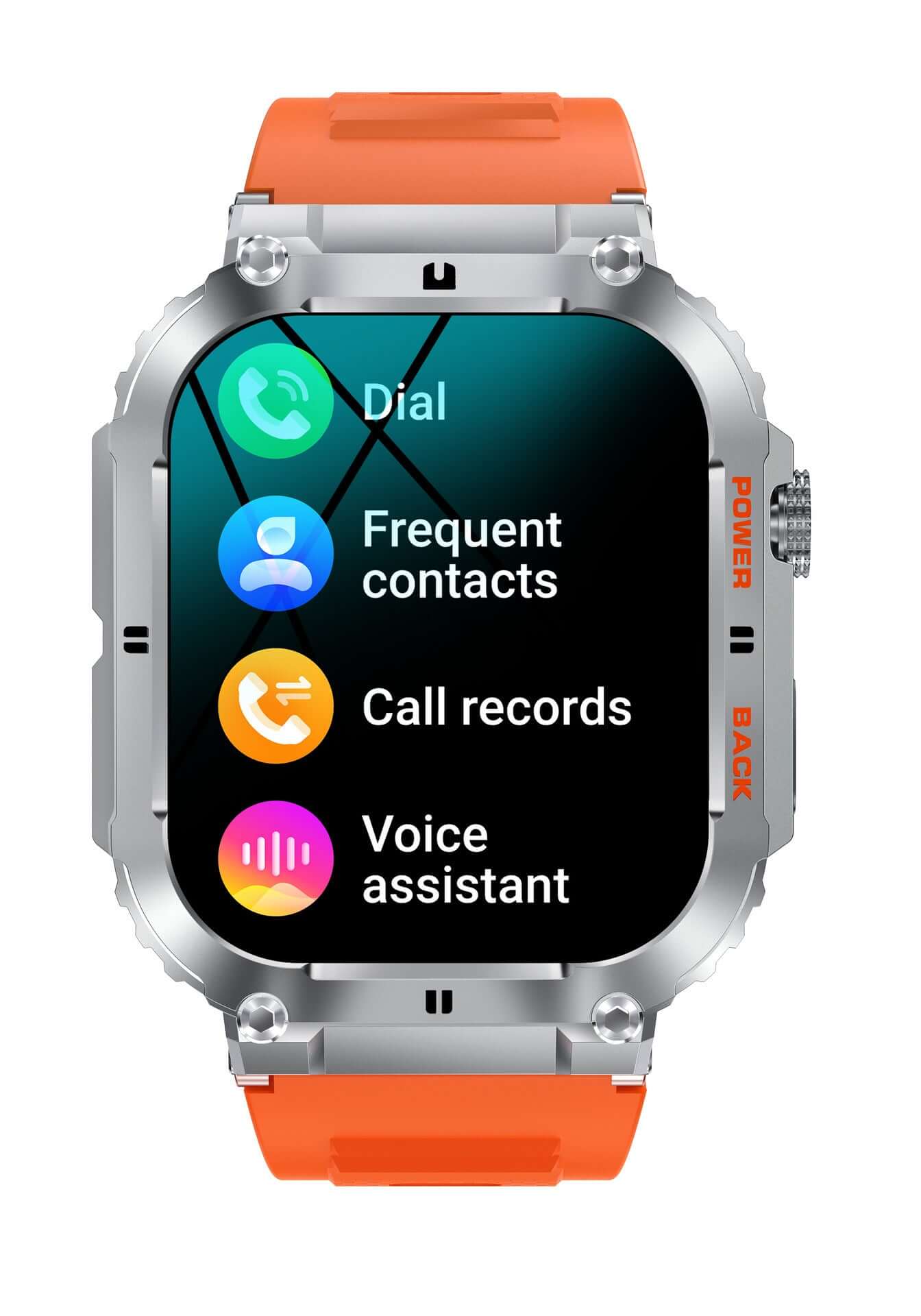 Business professional smartwatch with orange strap and touchscreen showing call and voice assistant features