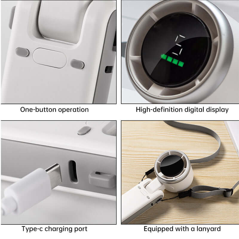 eprolo foldable electric fan for travel with one-button operation digital display charging port and lanyard
