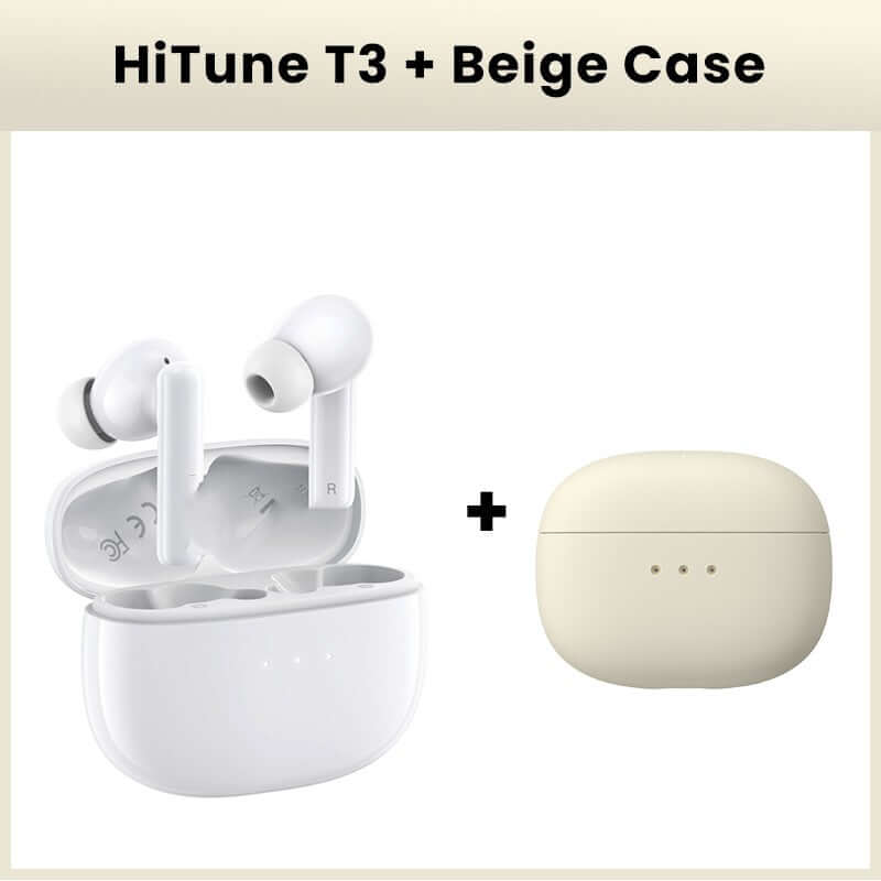 HiTune T3 active noise reduction earbuds in white with beige charging case by Dropshipman
