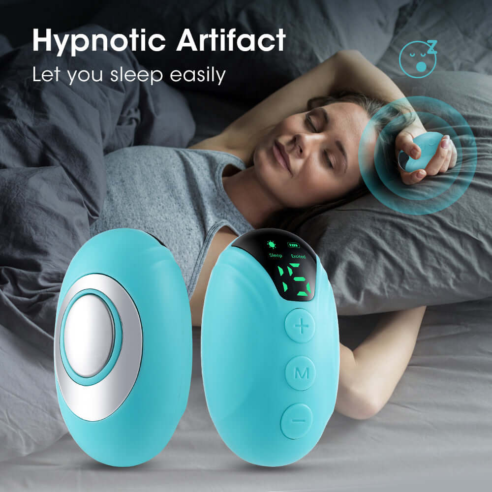 Blue insomnia relief device with digital display and buttons shown next to woman sleeping peacefully in bed