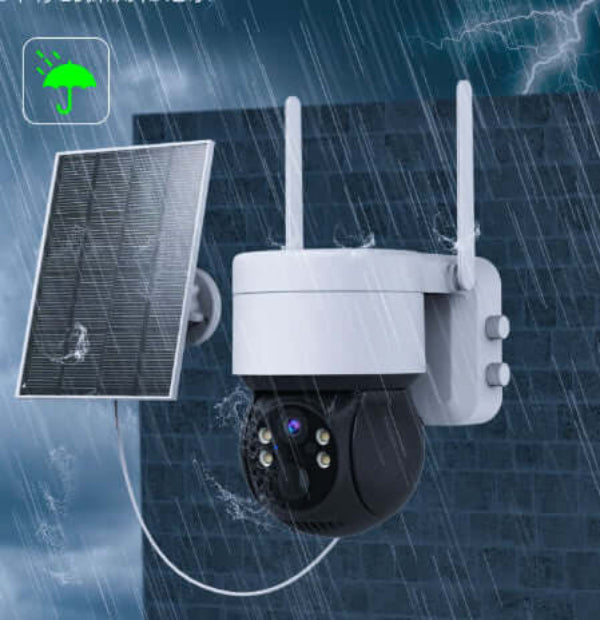 Dropshipman wireless outdoor security camera with solar panel and two antennas in rainy weather