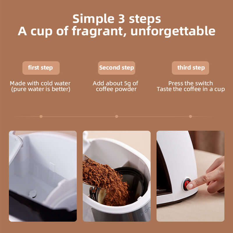 Mini coffee machine for home showing simple three-step brewing process with water, coffee powder, and power button