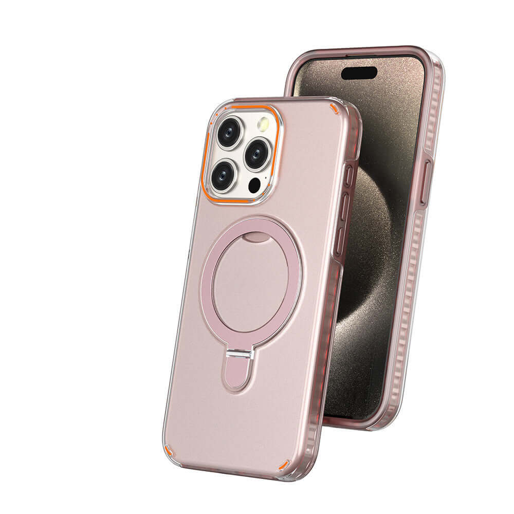 Rose gold magnetic phone case with holder featuring a ring grip and reinforced corners