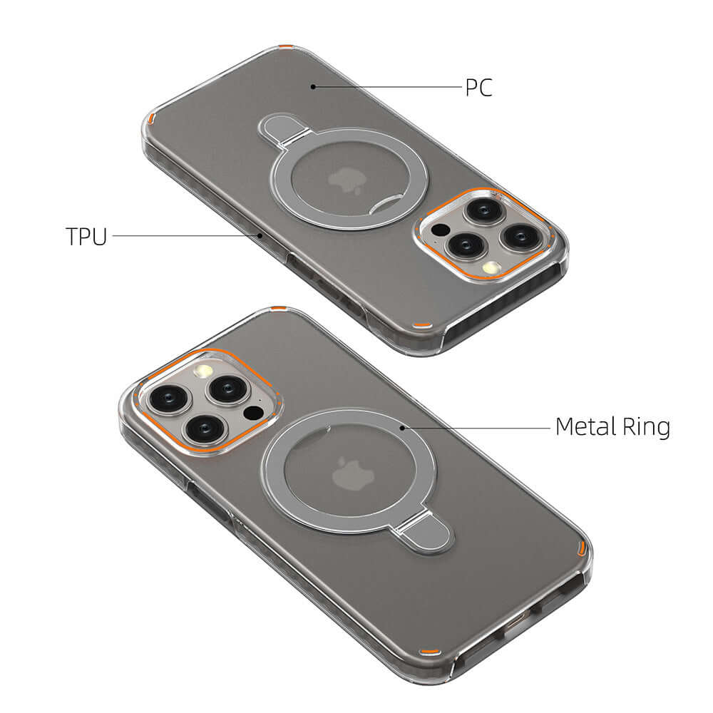 Transparent magnetic phone case with holder featuring a metal ring and TPU protection for iPhone