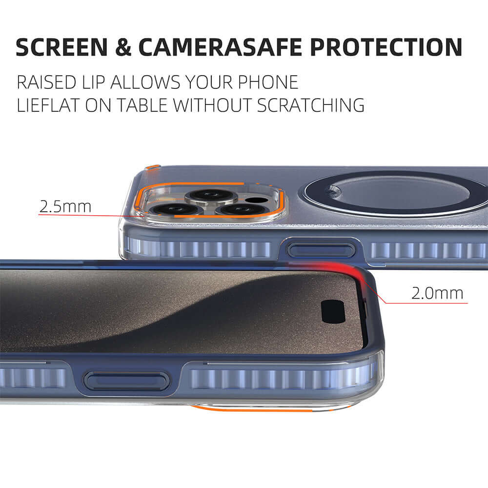 Magnetic phone case with holder showing raised lip for screen and camera protection on table