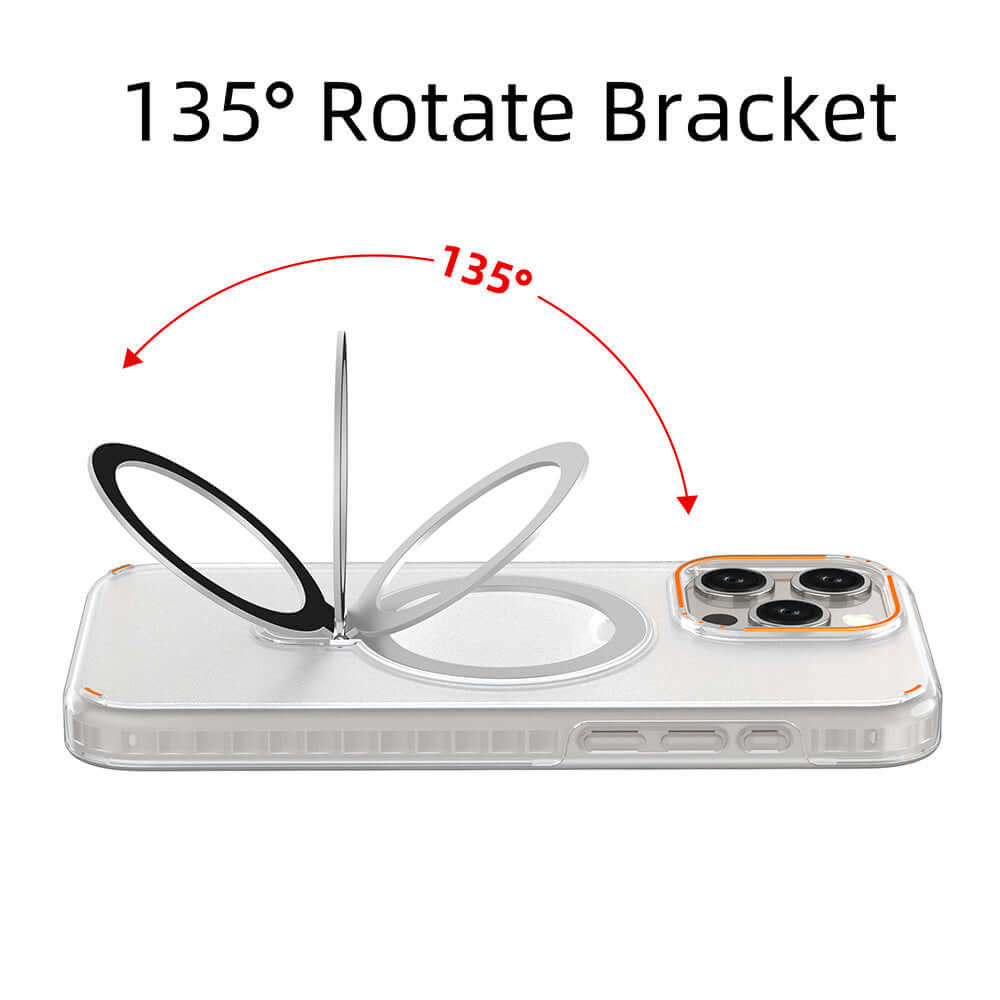 Clear magnetic phone case with holder showing 135 degree rotating bracket for hands-free use