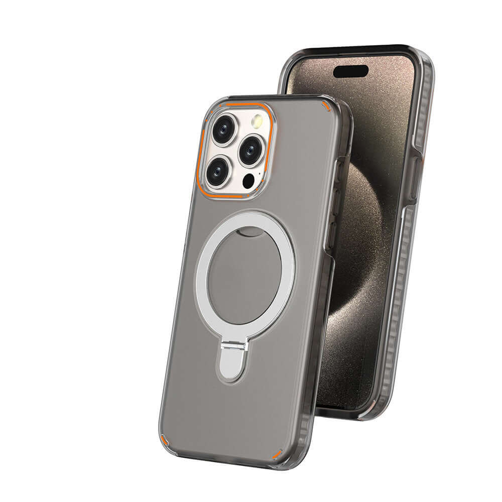 Gray magnetic phone case with holder featuring a ring stand for easy grip and protection
