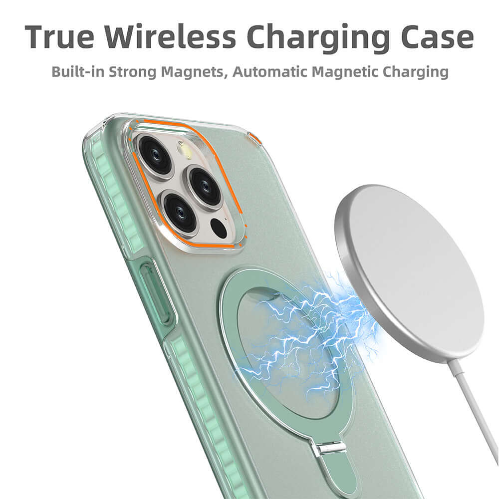 Magnetic phone case with holder in green featuring wireless charging and strong built-in magnets