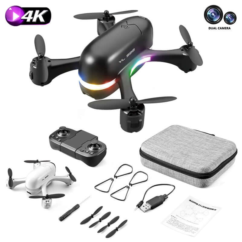 Dropshipman mini 4K drone with camera in black and white with remote, propellers, charger, and carrying case