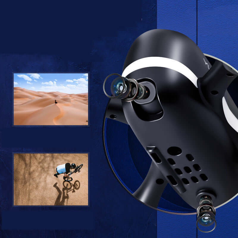 Dropshipman mini 4K drone with camera in black showing detailed camera lens and aerial photography samples