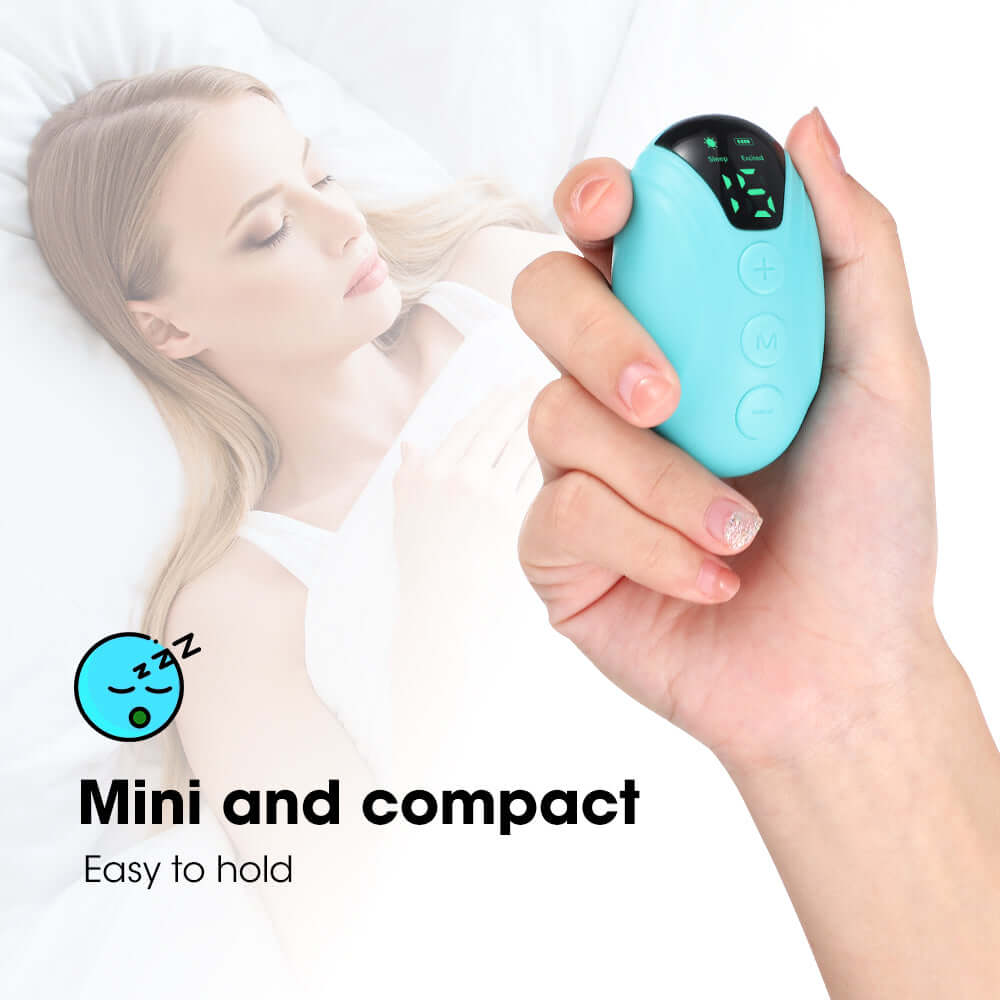 Hand holding turquoise insomnia relief device with digital display and control buttons