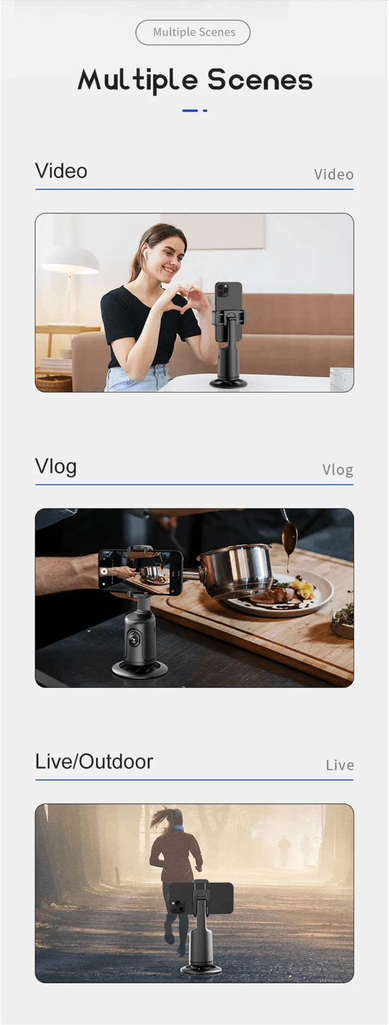 CozyTech Living vlogging phone mount with AI tracking shown in video, vlog, and live outdoor usage scenes