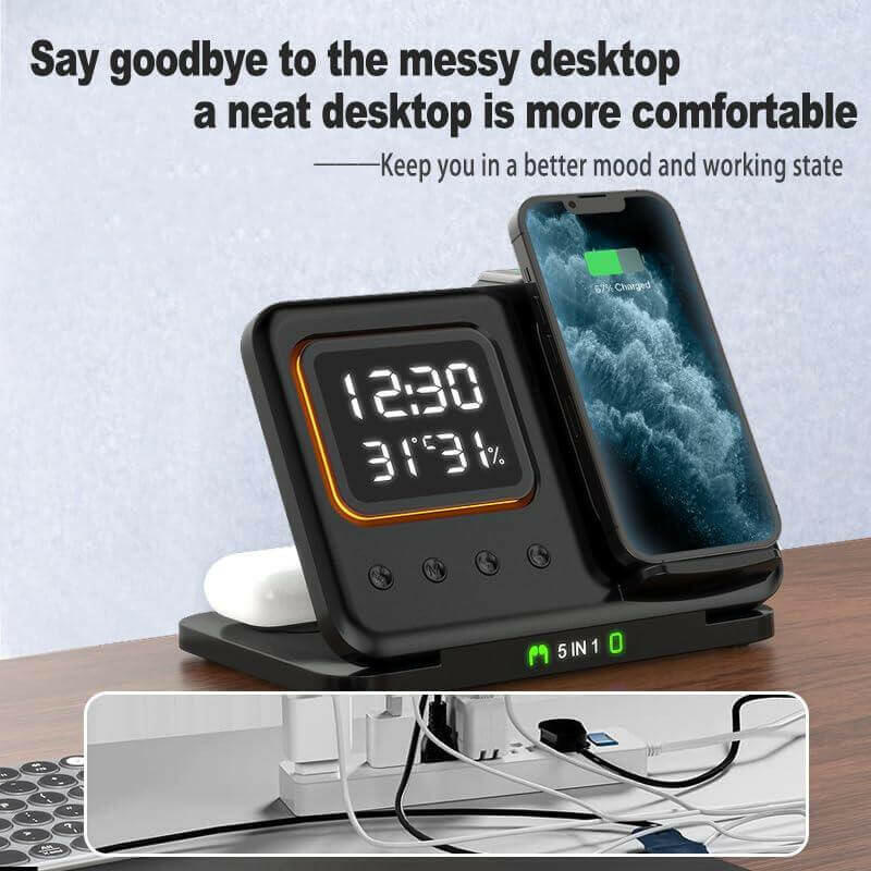 eprolo multi-device charging stand with digital clock and wireless charging for phone and earbuds
