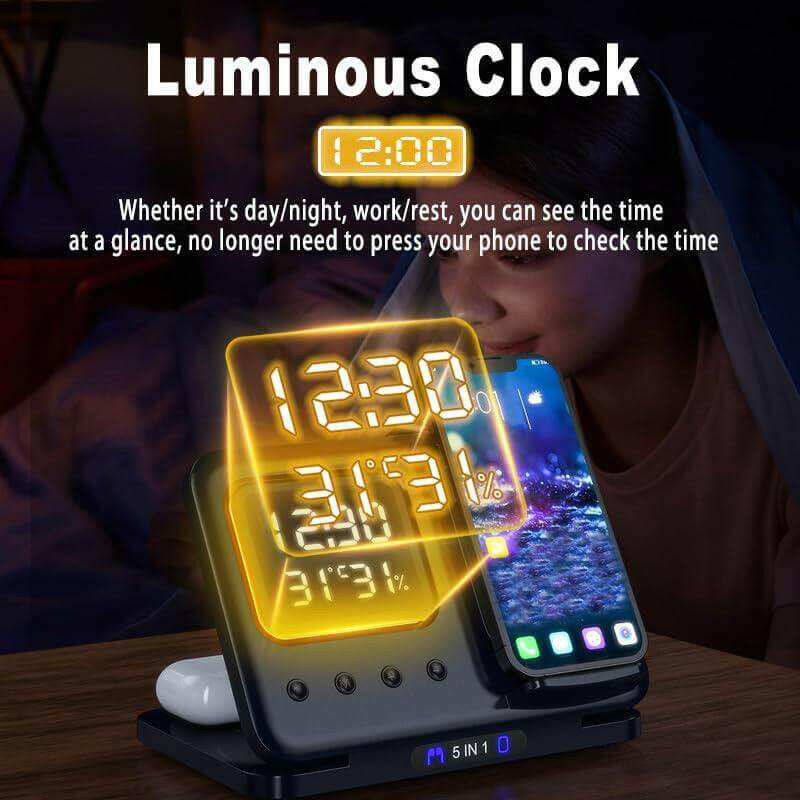 eprolo multi-device charging stand with luminous clock display showing time and temperature
