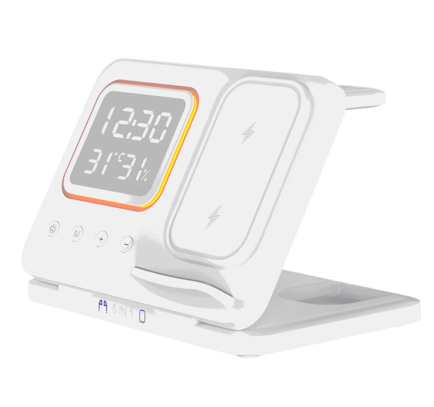 White multi-device charging stand with digital clock display and wireless charging pads