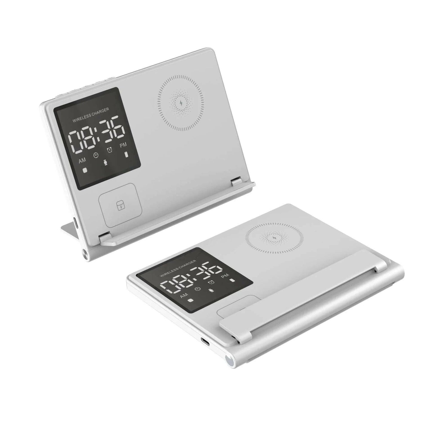 eprolo multi device wireless charger stand with digital clock display in silver foldable design