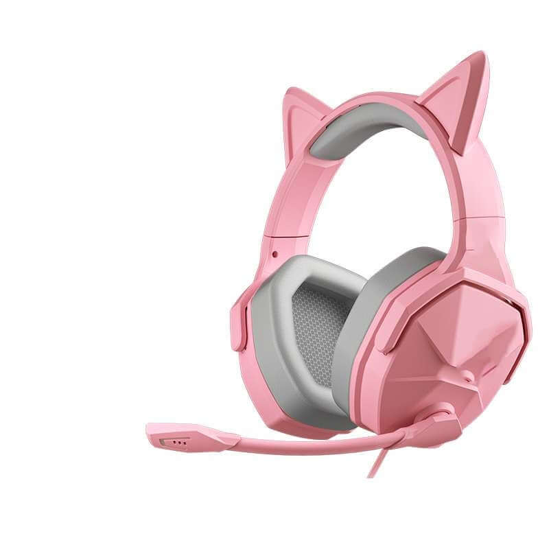 Pink gaming earphones with microphone for PC featuring cat ear design and cushioned ear pads