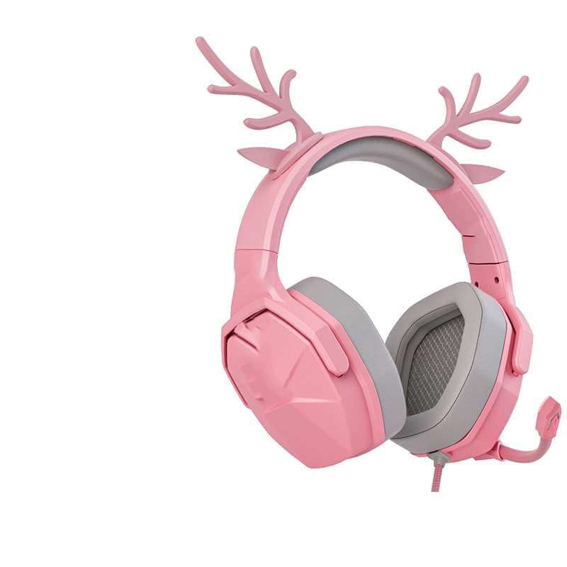 Pink gaming earphones with microphone for PC featuring soft ear cushions and playful antler design