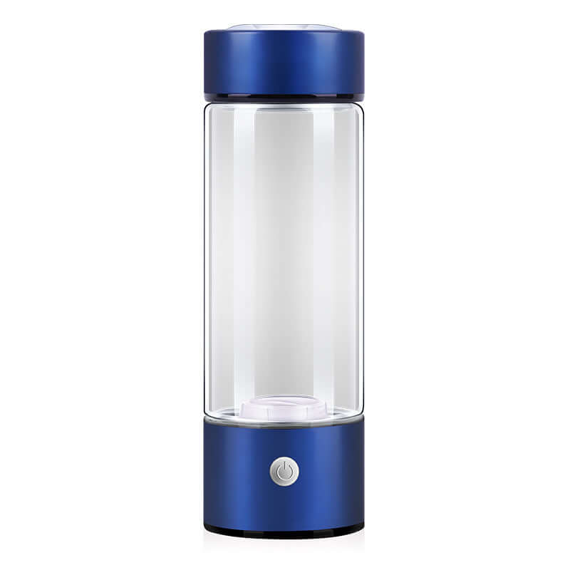 Blue portable hydrogen water bottle with clear body and power button for easy hydration