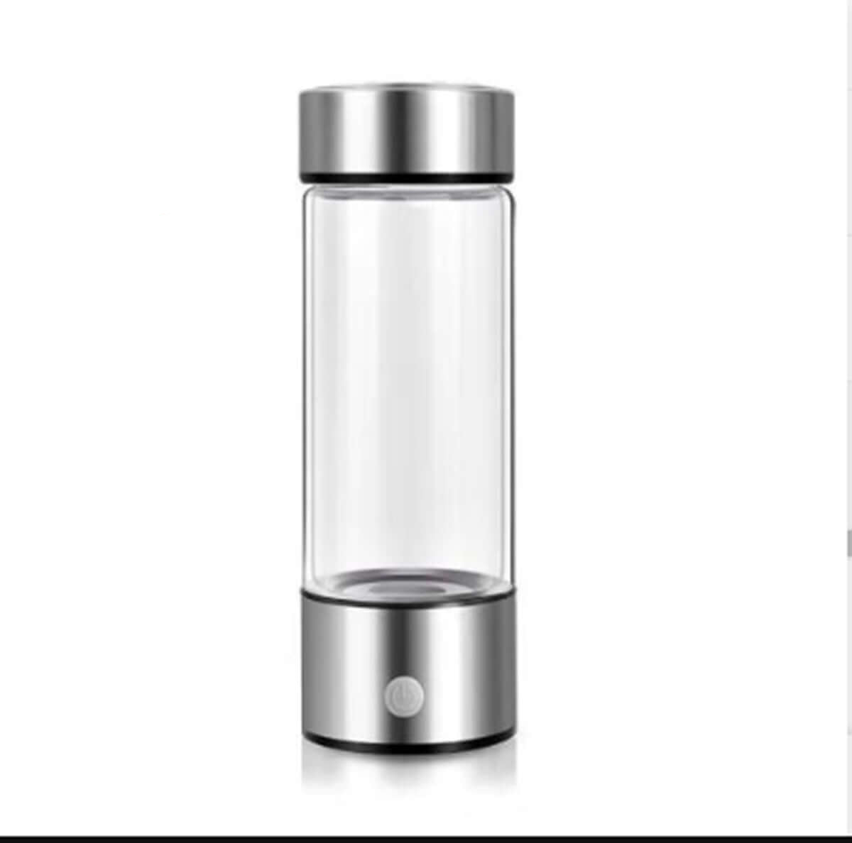 Portable hydrogen water bottle with clear glass body and silver metallic top and base by Dropshipman