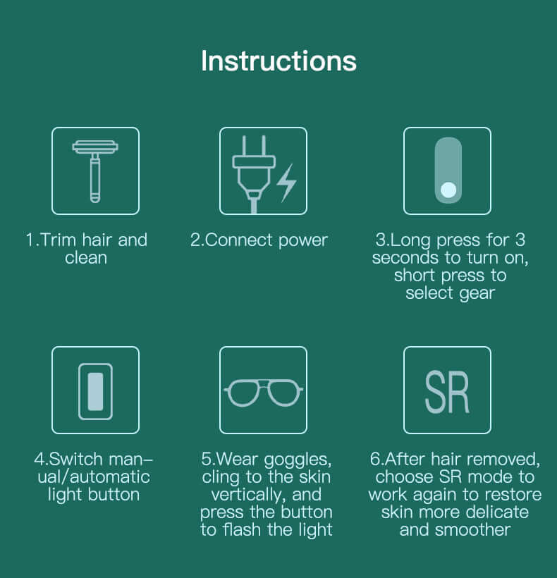 Instructions for using CozyTech Living portable IPL hair removal device with safety and operation steps
