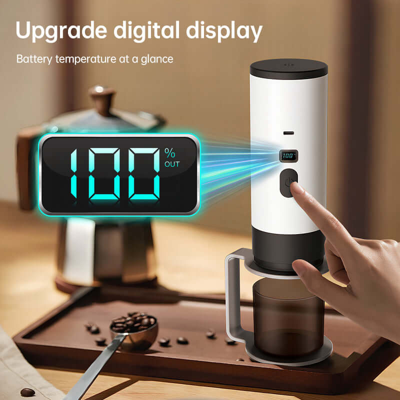 Portable Espresso Maker with 7800mAh Battery featuring an upgraded digital display, perfect for tech-savvy coffee lovers on-the-go.