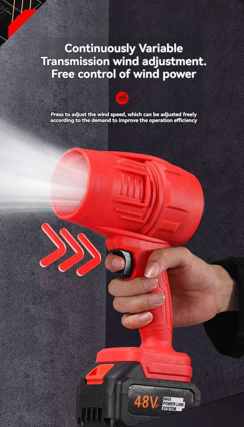 Red rechargeable air blower with adjustable wind speed held in hand with 48V battery pack