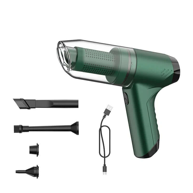 eprolo rechargeable compact vacuum cleaner in green with multiple attachments and USB charging cable