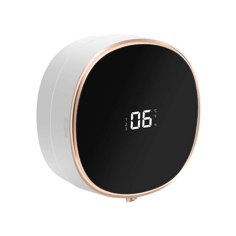 CozyTech Living rechargeable touchless soap dispenser with digital display and sleek black and gold design