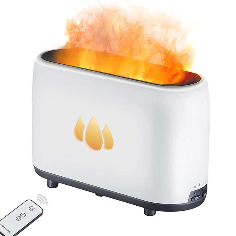 Dropshipman simulated flame humidifier with white body and remote control for adjustable mist and flame effects