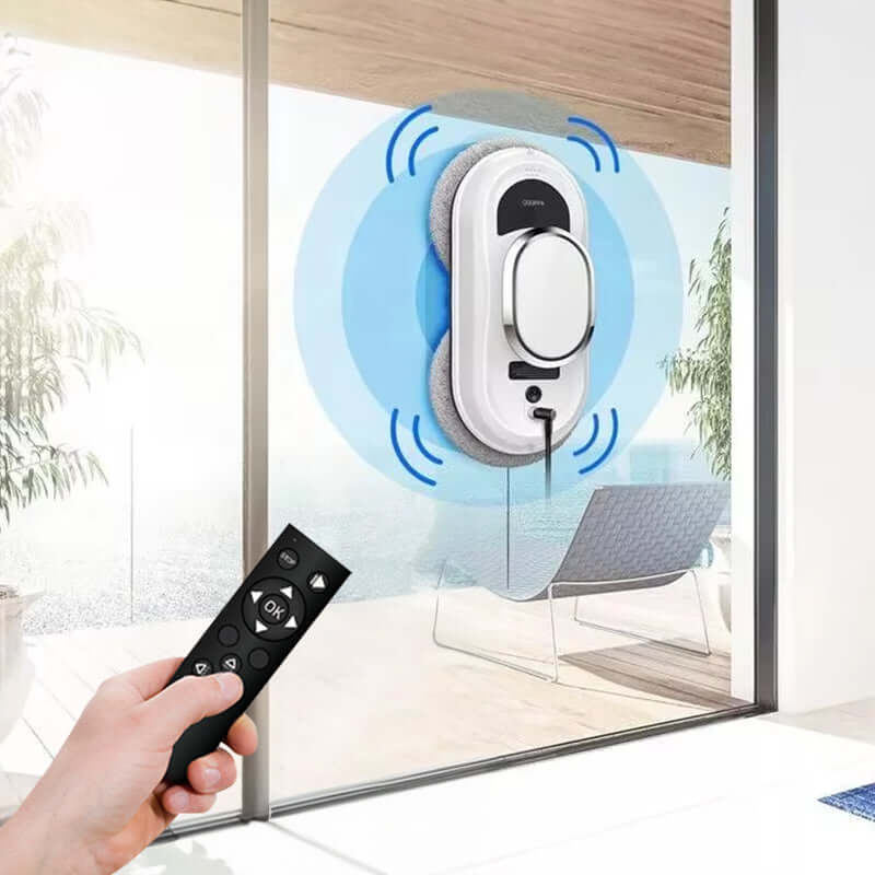 eprolo smart window cleaning robot attached to glass window with remote control in hand