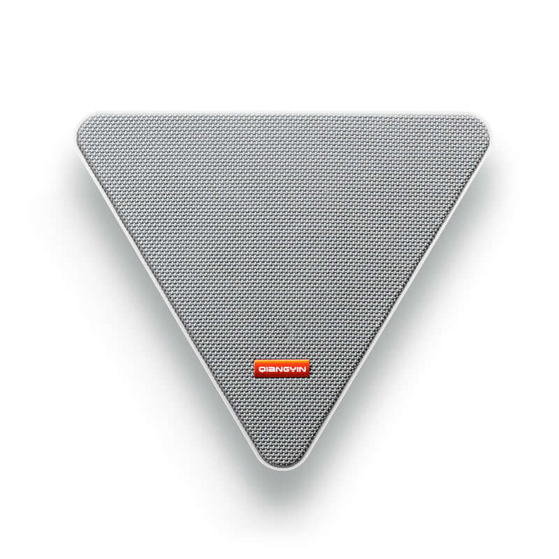 Gray triangular smart wireless speaker for home with mesh grille and compact design